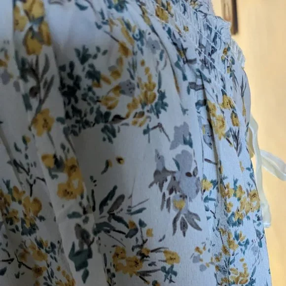 Umgee NWT flowy floral yellow babydoll blouse tie velvet trim S loose T2 - Picture 4 of 5